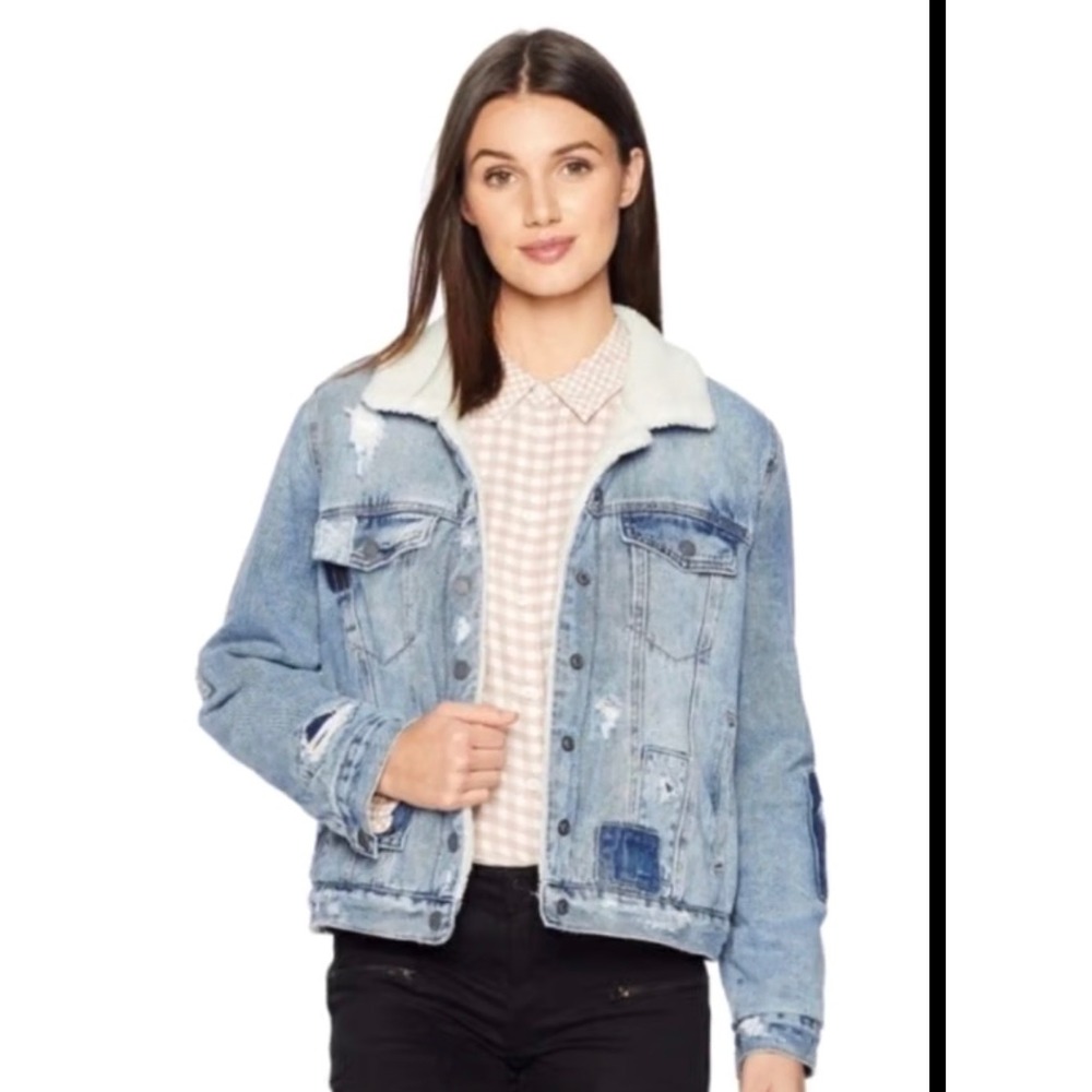 Blank NYC Sherpa Lined Denim Jacket Distressed Patchwork Trucker Light Wash L